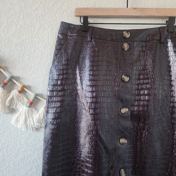 Rachel Comey Faux Leather Croc Chocolate Brown Button Down Midi Aline Skirt 16 - Picture 6 of 12